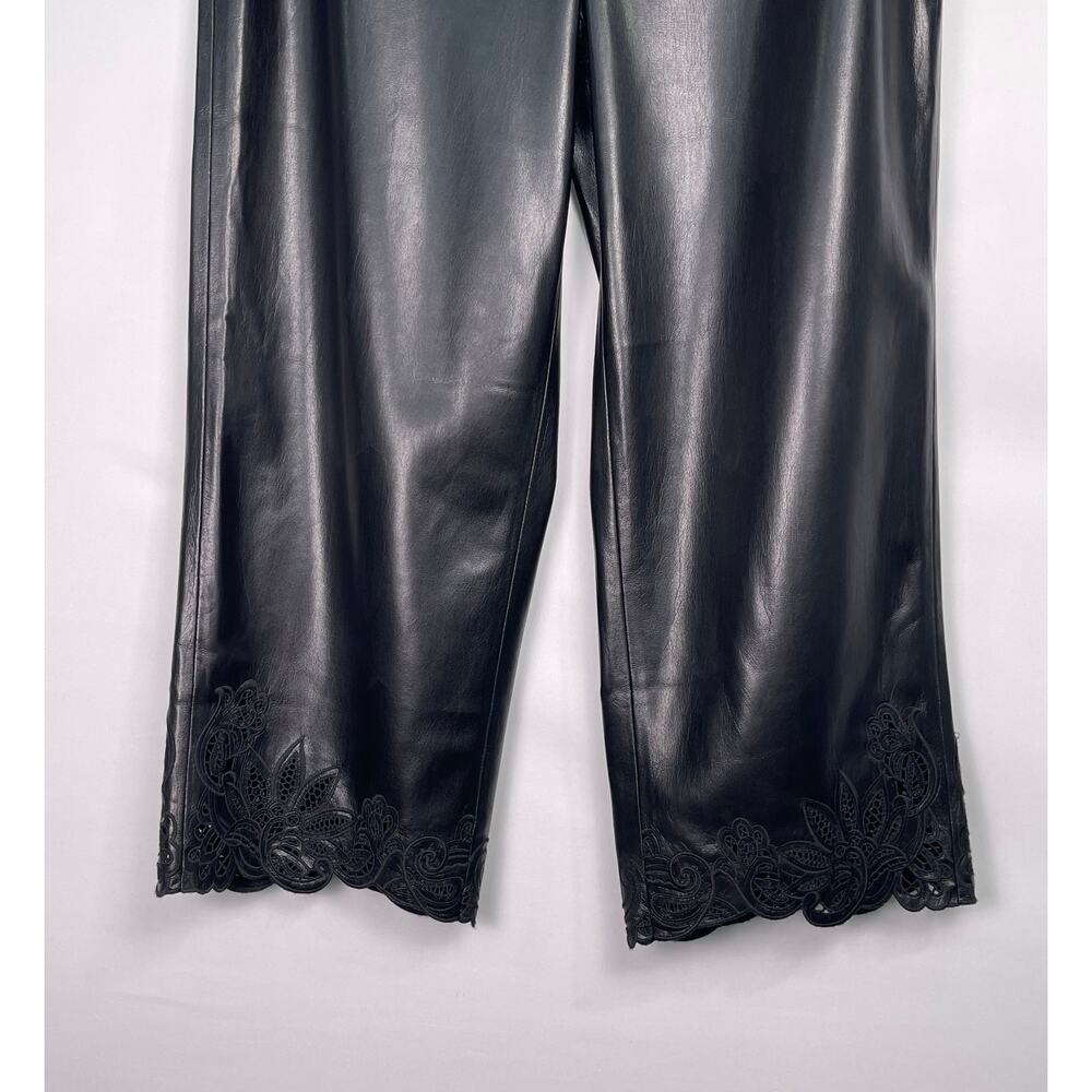 Chico’s Black Faux Leather Cropped Trousers Lace Hem Wide Leg Pants 10 Petite - Picture 4 of 13